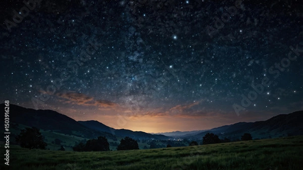 Fototapeta 山の向こうに見える星空、夜景