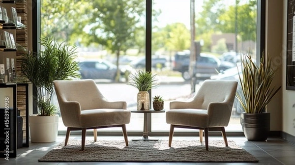 Obraz Bright waiting area with two beige chairs plants and a view of cars through a large window