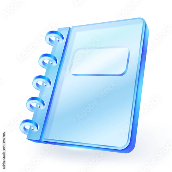 Fototapeta 3d spiral ring hole punched glass notebook icon with transparent cover and label, perfect for App UI, stationery or digital education, Isolated on white background. Vector illustration.