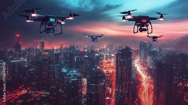 Obraz Four drones fly over a city at night with the lights of the buildings shining bright