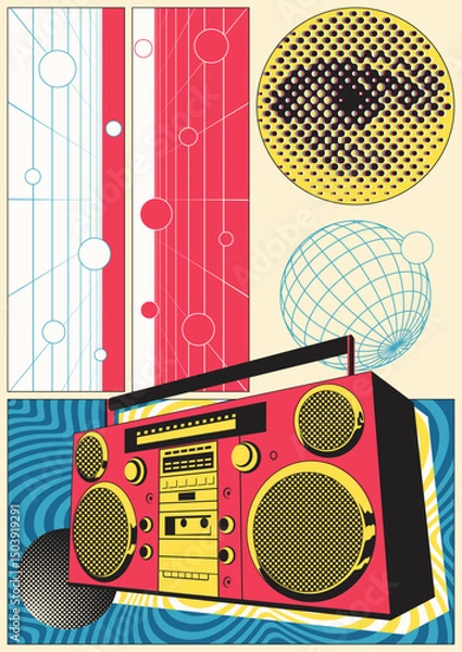 Obraz Abstract Poster 1980s Style, Vintage Cassette Stereo Recorder, Eye, Sphere, Perspective Grid, Abstract Geometric Shapes 