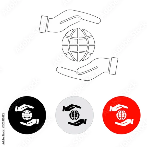 Fototapeta icon of two hands protecting a globe, line icon, black and white, using a round button with dark black and white and red colors