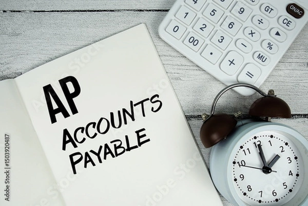 Fototapeta AP Accounts Payable text on paper notebook page with alarm clock and calculator on wooden background