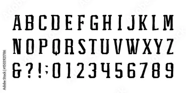 Obraz Grunge alphabet font. Dirty textured uppercase letters and numbers. Vector typescript with a rough inked texture for your typography design.