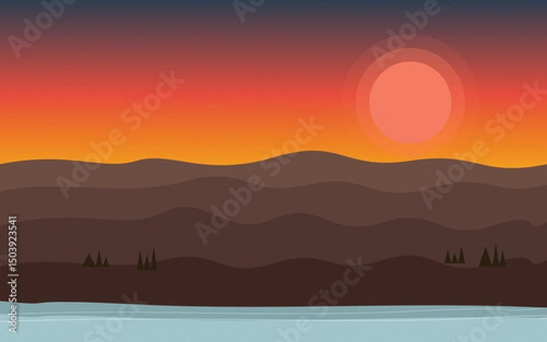 Obraz 1970s-inspired minimalist mountain lake landscape at sunset with sky gradient. Silhouetted ranges create layered depth against tranquil waters, evoking nostalgia.
