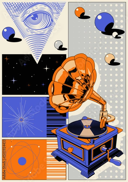 Fototapeta Abstract Poster with Retro Gramophone and Vinyl Record, Geometric Shapes, Space Background, 1970s Color Combination