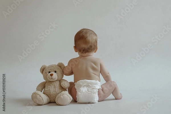 Fototapeta Adorable baby in diaper with teddy bear, back view, resting on a white floor