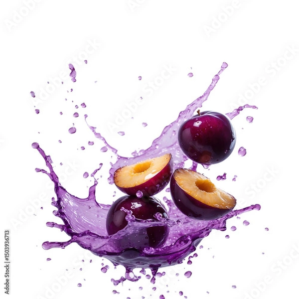 Obraz Plums splashing in purple juice isolated on transparent background