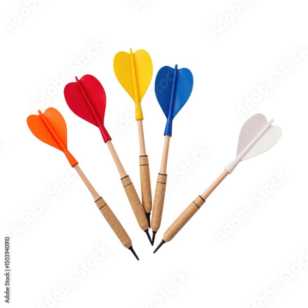 Obraz Set of five colorful foam darts with wooden shafts, ready for a game, against a transparent background..
