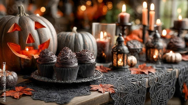 Fototapeta Halloween party table setting with carved pumpkins, spooky cupcakes, glowing candles and spider webs