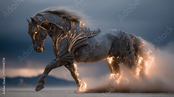 Fototapeta An ancient warhorse in flaming armor galloping across the battlefield under a stormy sky