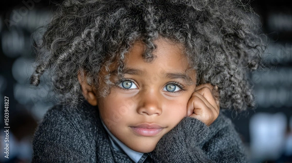 Fototapeta A black child in a neat school uniform and blue eyes sits at a desk in a classroom
