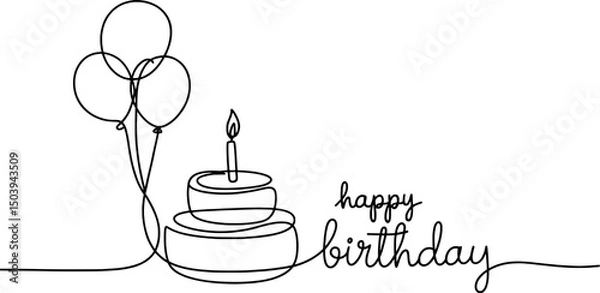 Obraz Happy birthday cake balloons one line art drawing