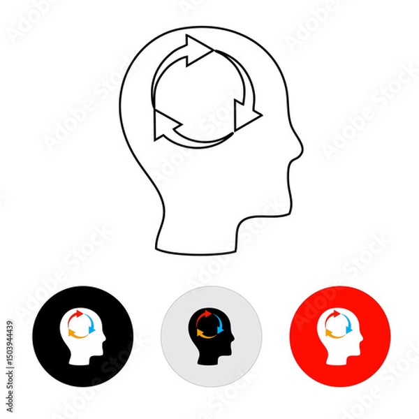 Obraz human head silhouette icon with circular arrow on the head, line icon, black, white color using round buttons in black, dark white and red color