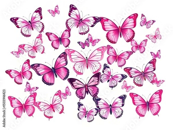 Fototapeta A vibrant collection of pink butterflies in various sizes, fluttering against a white background, creating a lively and colorful scene