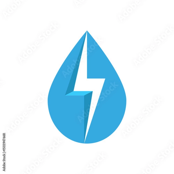 Fototapeta Water drop with lightning bolt logo in blue, energy and fluid integration icon, minimal style vector emblem for sustainability, electric utility, power saving, and eco technology symbol concept.