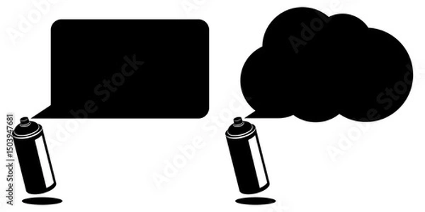 Fototapeta Two spray black paint cans spraying contrasting blank speech bubbles in rectangular and cloud shapes set mockup, isolated on white background, text dialogue template graffiti-inspired.