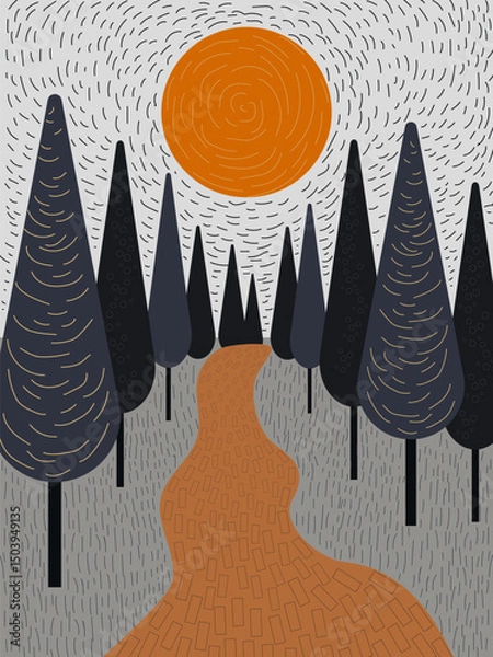 Fototapeta Road to the sun among tall trees in forest or park drawn by hand. Vector.