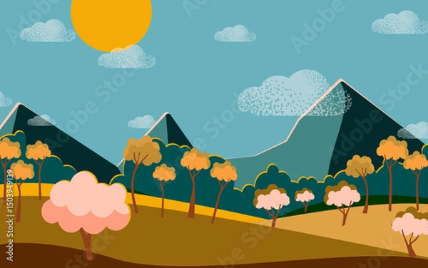 Fototapeta Mountain landscape with trees and fields on a clear day. 
