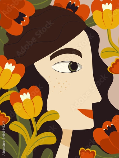 Fototapeta Portrait of a female side view in profile on a blooming day. Vector.