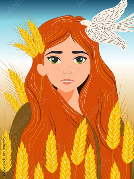 Fototapeta Beautiful young woman with long red hair stands in a field of golden wheat ears against a clear blue sky with a bird of peace. Vector.