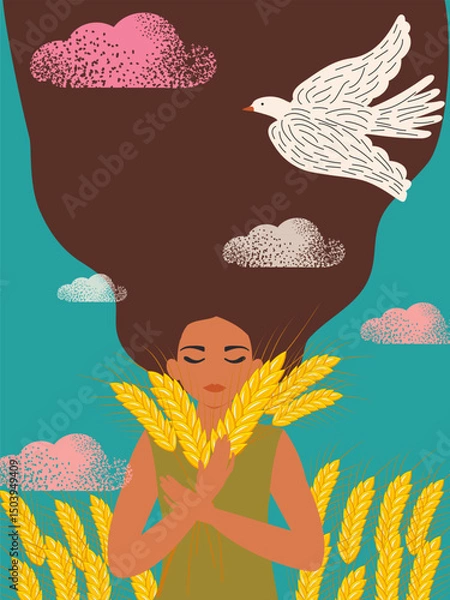 Fototapeta Young woman in a wheat field with long hair meditates and dreams of peace of mind and world peace. Vector.