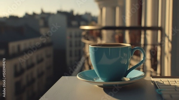 Fototapeta Serene Morning Coffee on a Balcony with a Cityscape View in Soft Dawn Light