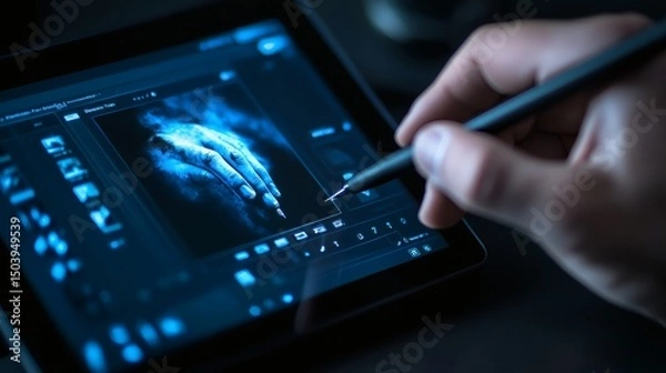 Fototapeta Creative Digital Art Process: Hand Using Stylus on Tablet for Innovative Artwork Creation