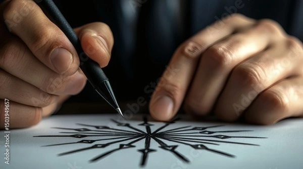 Fototapeta Close-up of Hands Holding Pen Drawing Intricate Compass Rose Design on Paper Surface