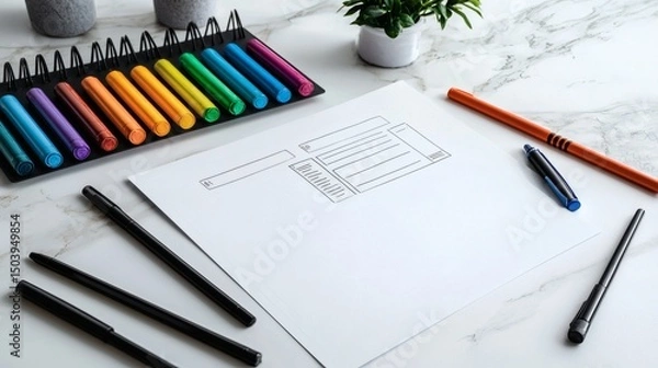Fototapeta Creative Workspace with Colorful Markers and Blank Paper on a Marble Table Surface