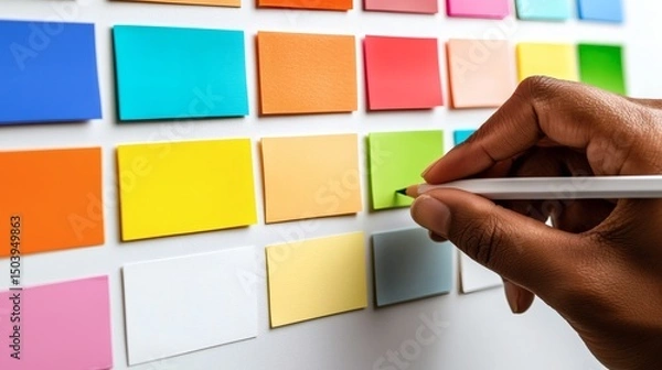 Fototapeta Hand Selecting Color Samples from a Wall Display of Color Swatches for Design Projects