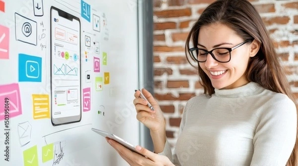 Fototapeta Smiling Woman Engaged in Creative Design Process with Tablet and Whiteboard in Modern Office