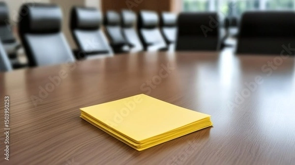 Fototapeta Yellow Notepads on Conference Table in Modern Meeting Room with Black Chairs and Natural Light