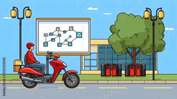 Fototapeta Delivery Person on Red Scooter in Urban Environment with Communication Illustration in Background