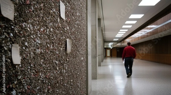 Fototapeta Man Walking in Modern Hallway with Textured Wall and Soft Ambient Lighting
