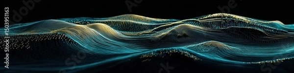Fototapeta This stock image presents an abstract visualization of undulating teal and gold lines forming a textured, wave-like surface against a dark background. 