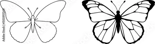 Fototapeta The image displays two butterfly illustrations in black and white. The left butterfly shows a simple outline, while the right one has more defined details.