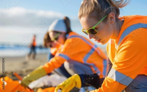 Obraz Employees engage in coastal restoration activity during corporate volunteer program, collecting plastic waste to support climate action and raise awareness of ecosystem protection in their community