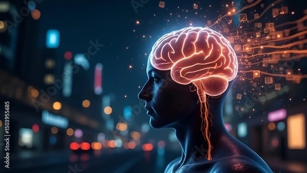 Fototapeta Thinking the City: A detailed display of the human brain in glowing orange hues, radiating with thought and knowledge against a bustling city landscape background.