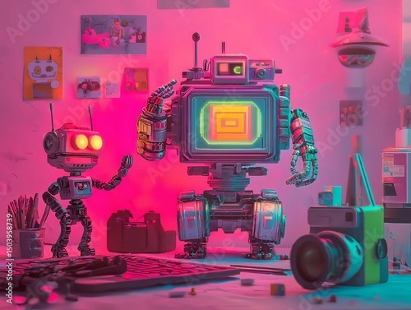 Obraz Two robots stand in a creative workshop, embodying artificial intelligence and technological advancement. The bigger robot features a screen that projects a bright image