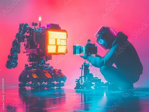 Fototapeta Robot Photographer with Camera and Robot Model
