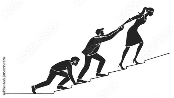 Fototapeta Teamwork illustration people climbing up stairs helping each other succeed together