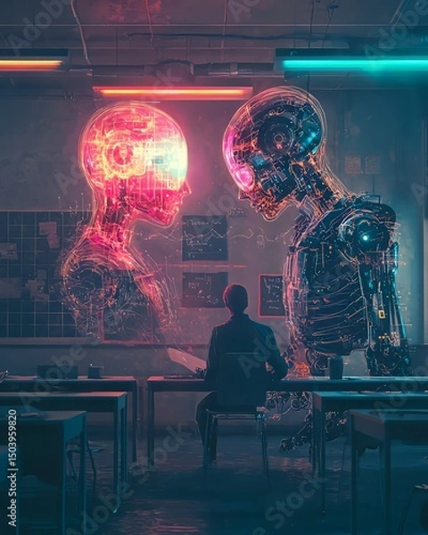 Fototapeta Intriguing Digital Art of two cybernetic entities interacting while a person observe it