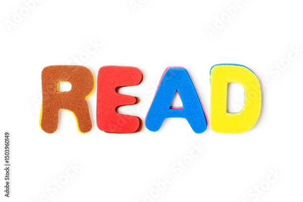 Obraz Colorful foam letters word READ photography isolated on white background.
