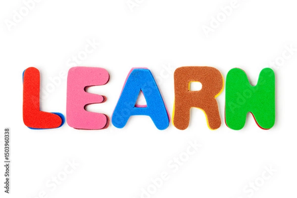 Obraz Colorful foam letters word LEARN photography isolated on white background.