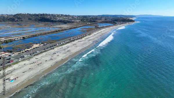 Obraz Aerial drone photo of Cardiff beach a true surfers paradise in West Coast of California, Encinitas, United States of America