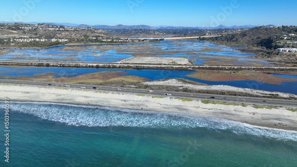 Obraz Aerial drone photo of Cardiff beach a true surfers paradise in West Coast of California, Encinitas, United States of America