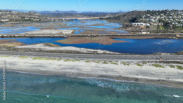 Obraz Aerial drone photo of Cardiff beach a true surfers paradise in West Coast of California, Encinitas, United States of America
