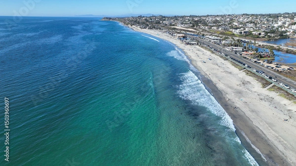 Obraz Aerial drone photo of Cardiff beach a true surfers paradise in West Coast of California, Encinitas, United States of America