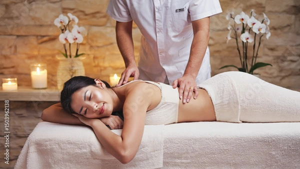 Fototapeta Spa Massage scene showing a woman receiving a relaxing massage in a tranquil setting. Soft ambient lighting, candles, warm towel, essential oils nearby. The room is decorated with natural elements.